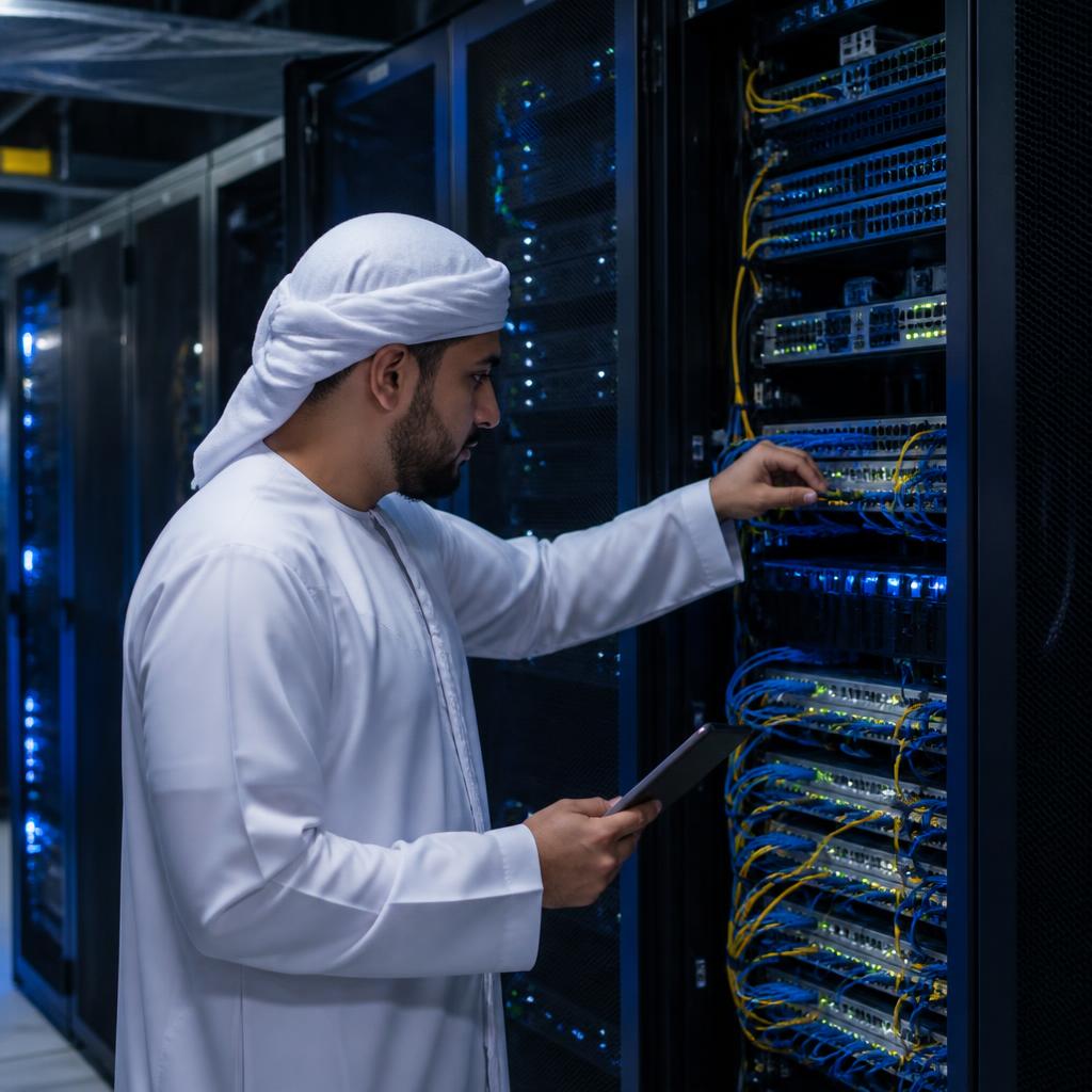 مهندس شبكات يفحص توصيلات خوادم المؤسسة