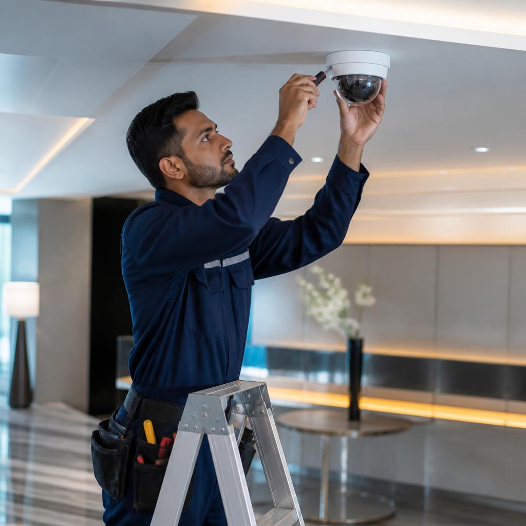 مهندس يركب كاميرا مراقبة CCTV